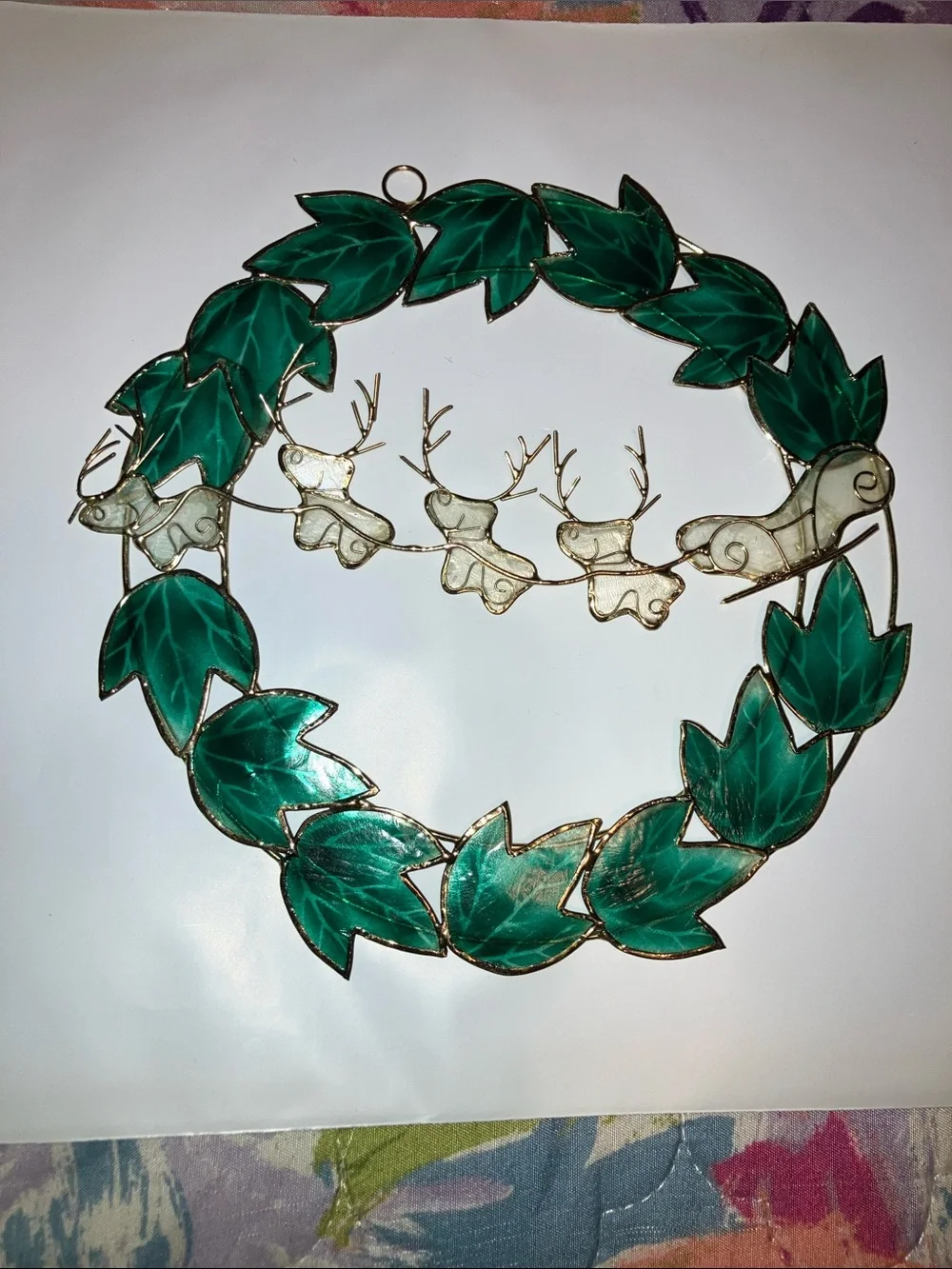 Capiz Shell Vintage Green Leaf Wreath with Gold Reindeer Garland 7”